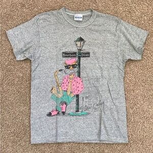 Vintage 1986 New Orleans Bourbon Street Jazz Cat Graphic Tshirt Size Large Gray